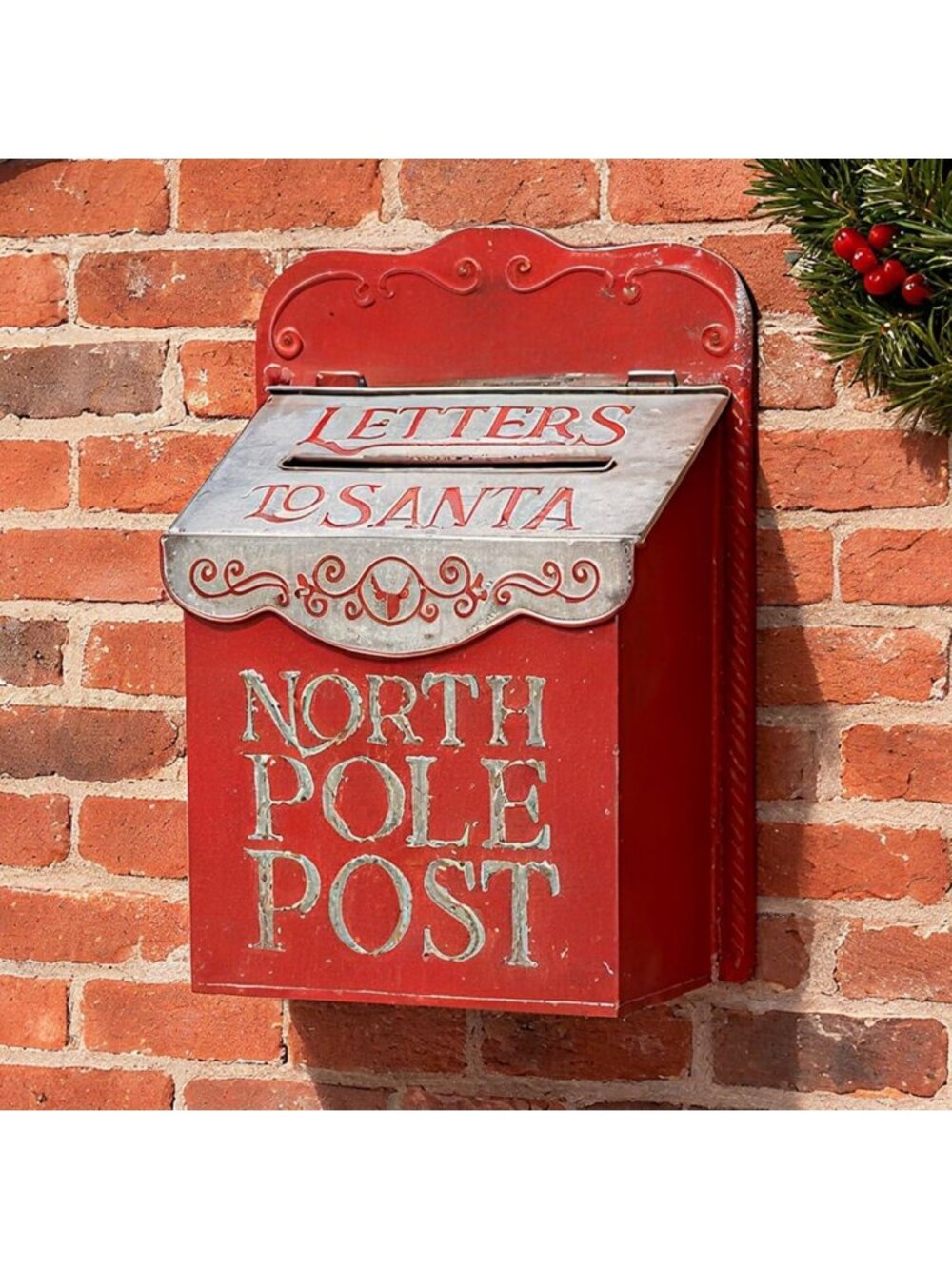 Vintage Wall Mount Mailbox for Letters to Santa | Red Metal Christmas Decor